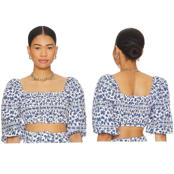 MINKPINK Blue/White Floral Ithica Shirred Boho Crop Top Size XL - Picture 1 of 12